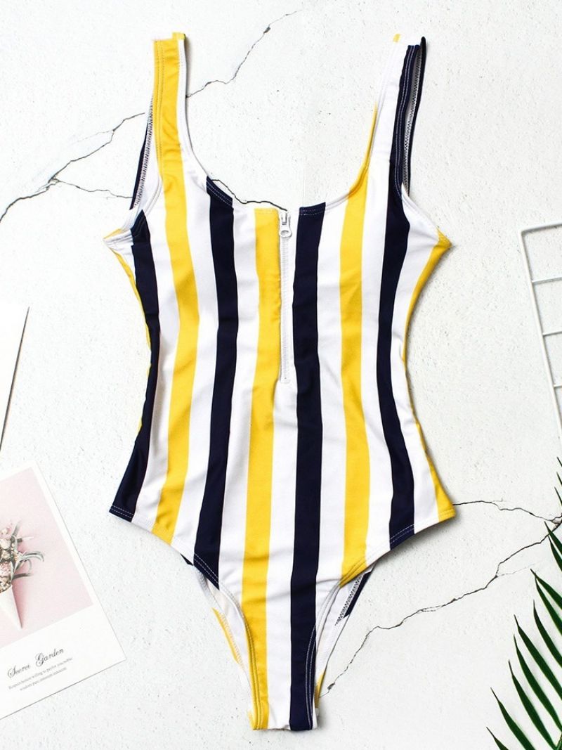 Μαγιό One Piece Stripe Zipper Μπλοκ χρώματος Strechy