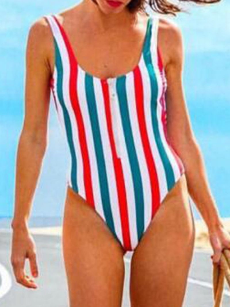 Μαγιό One Piece Stripe Zipper Μπλοκ χρώματος Strechy