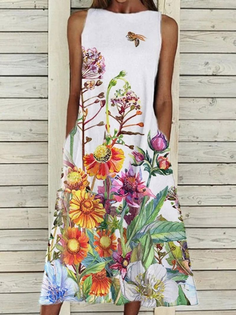 Εκτύπωση Αμάνικο Mid-Calf Floral Midi Φόρεμα Α-Γραμμής Σε Μεγάλο Μέγεθος