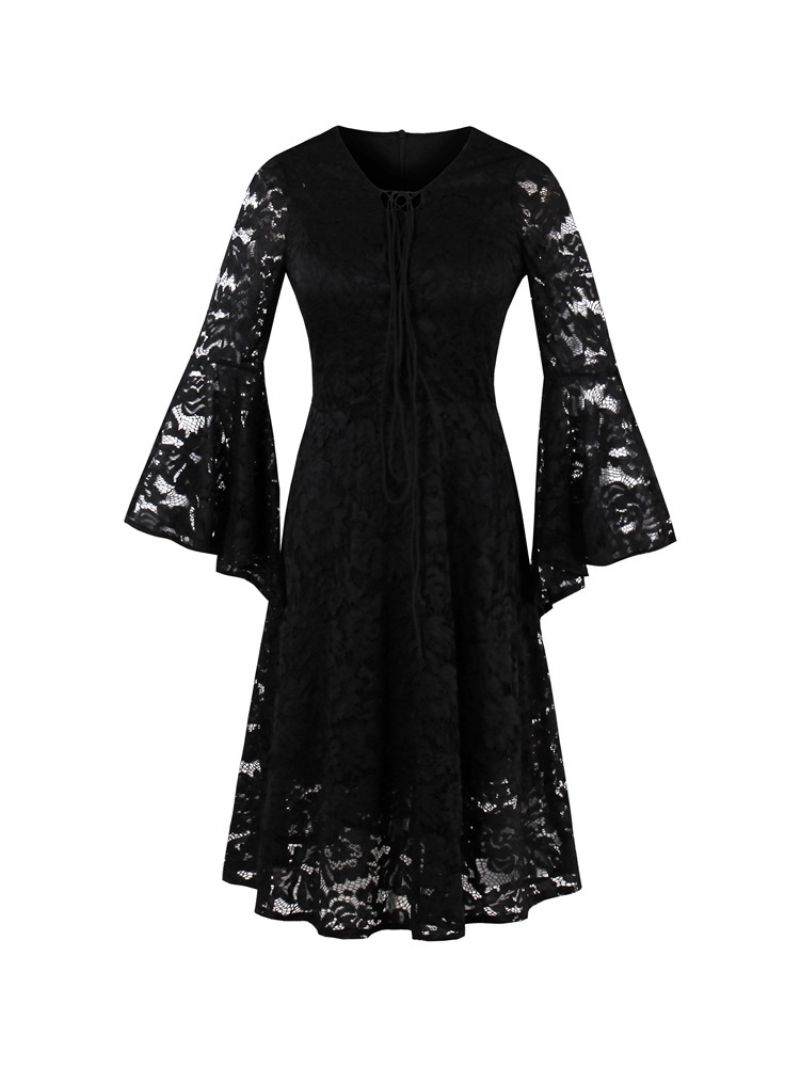 Lace Holow Flare Sleeve A Line Little Black Dress