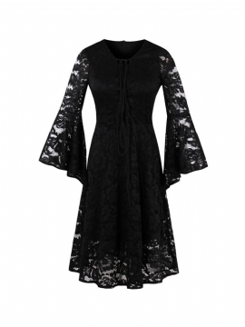 Lace Holow Flare Sleeve A Line Little Black Dress