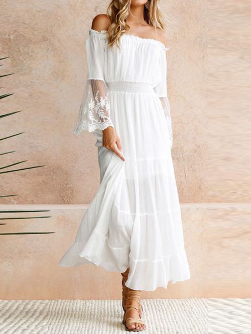 Off Shoulder Patchwork Γυναικείο Φόρεμα Πουλόβερ Με Κρύο Ώμο Μέχρι Τον Αστράγαλο