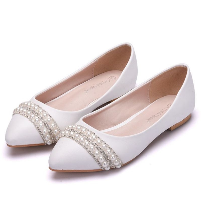 Rhinestone Block Heel Μυτερή Μύτη Απλό Λεπτά Παπούτσια Γυναικεία Λευκά Φλατ