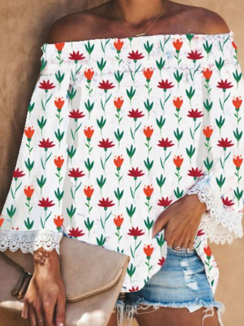 Floral Μακρυμάνικο Off Shoulder Casual Loose Γυναικείο T-Shirt