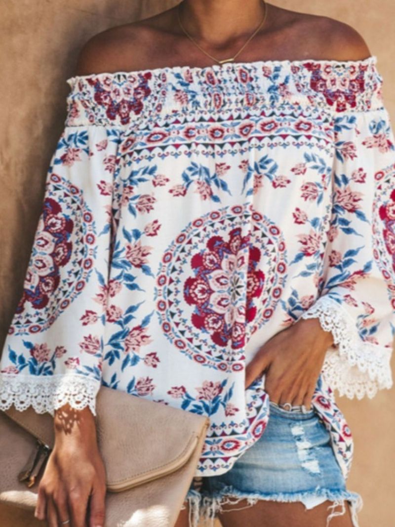 Floral Μακρυμάνικο Off Shoulder Casual Loose Γυναικείο T-Shirt