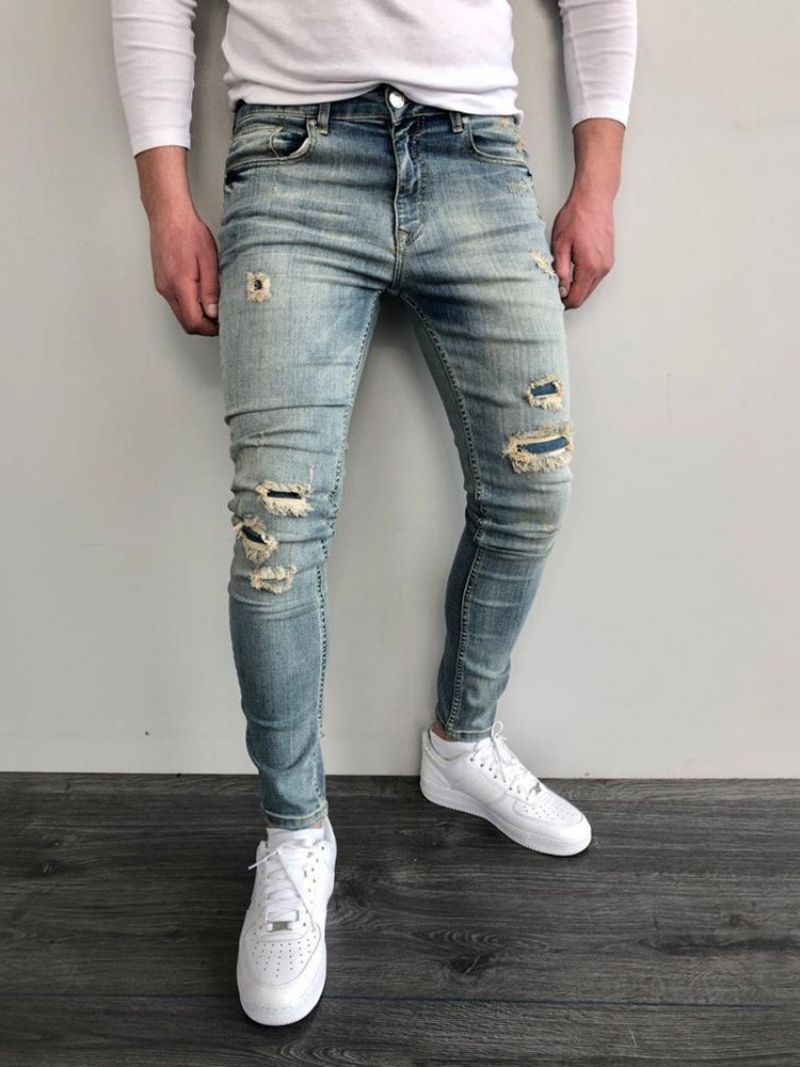 Ανδρικό Τζιν Φθαρμένο Pencil Pants Μπλοκ χρώματος Zipper Skinny Mid Waist Ανδρικό