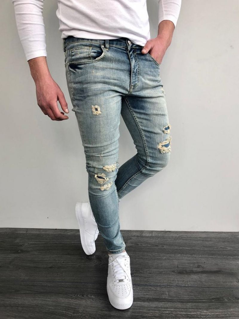 Ανδρικό Τζιν Φθαρμένο Pencil Pants Μπλοκ χρώματος Zipper Skinny Mid Waist Ανδρικό