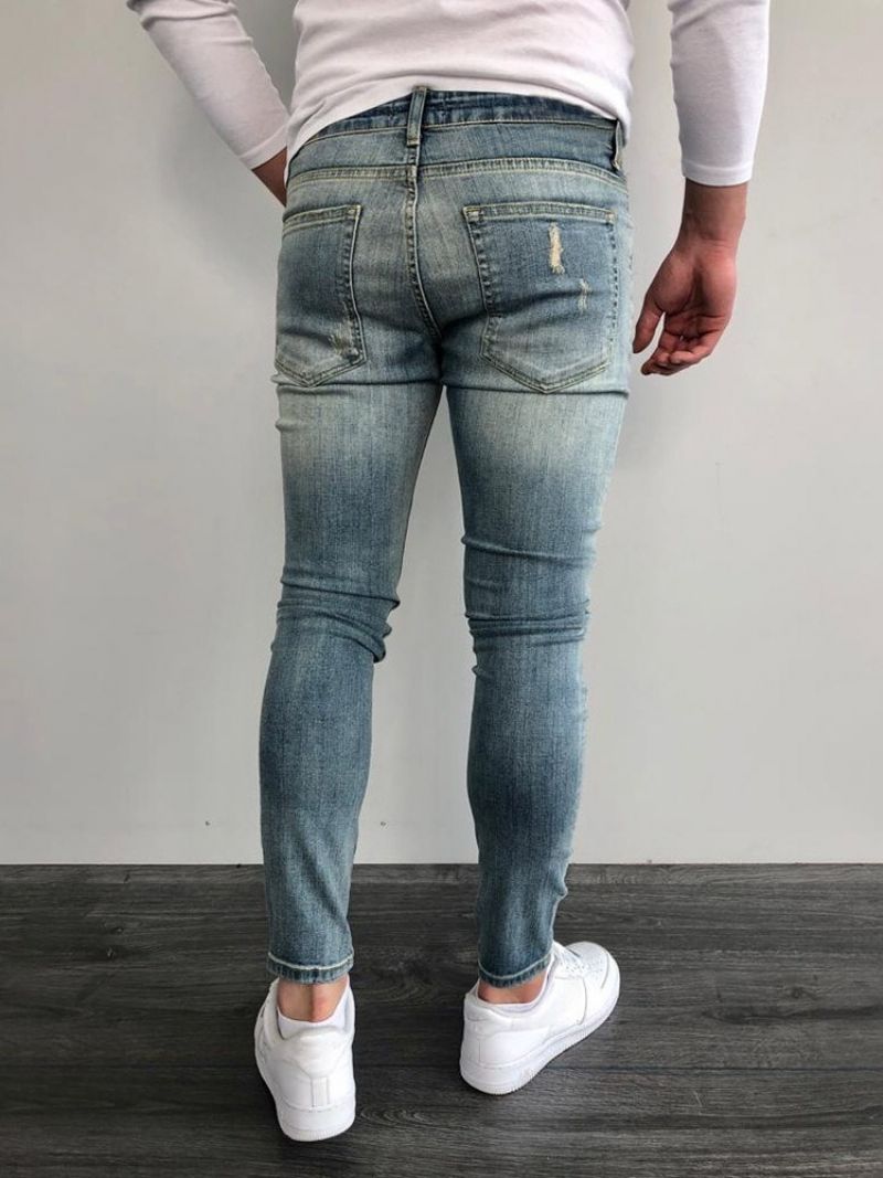 Ανδρικό Τζιν Φθαρμένο Pencil Pants Μπλοκ χρώματος Zipper Skinny Mid Waist Ανδρικό