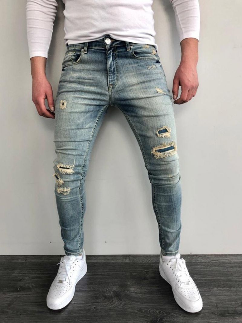 Ανδρικό Τζιν Φθαρμένο Pencil Pants Μπλοκ χρώματος Zipper Skinny Mid Waist Ανδρικό