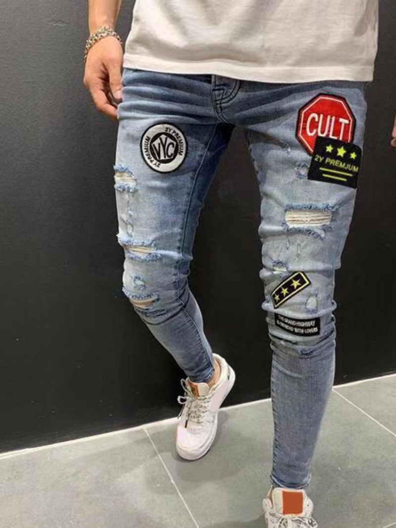 Μπλοκ χρώματος Hole Pencil Pants Fashion Ανδρικά Τζιν Με Φερμουάρ