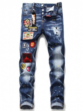 Straight Paint Splatters Casual Button Jeans