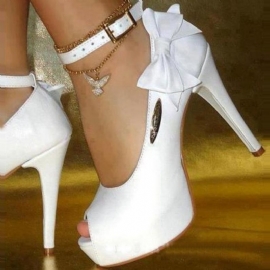 Λευκά Pu Peep Toe Bowtie Παπούτσια Prom Με Ψηλό Τακούνι