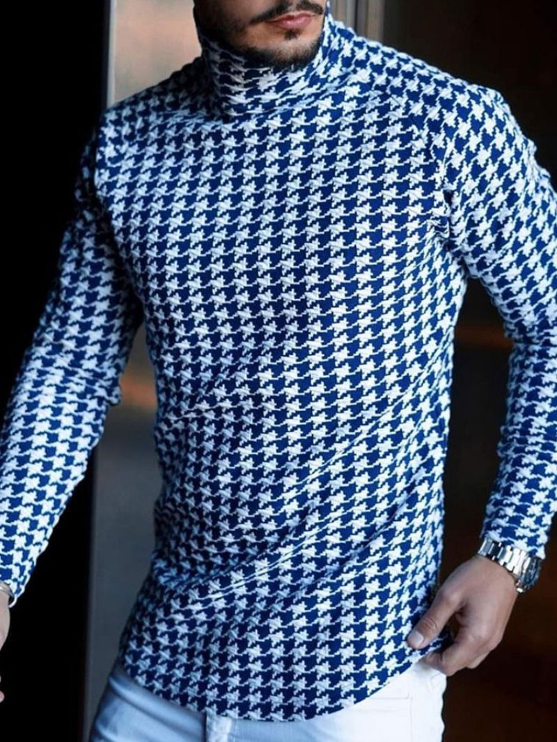 T-Shirt Houndstooth Casual Turtleneck Slim Μακρυμάνικο Μπλουζάκι