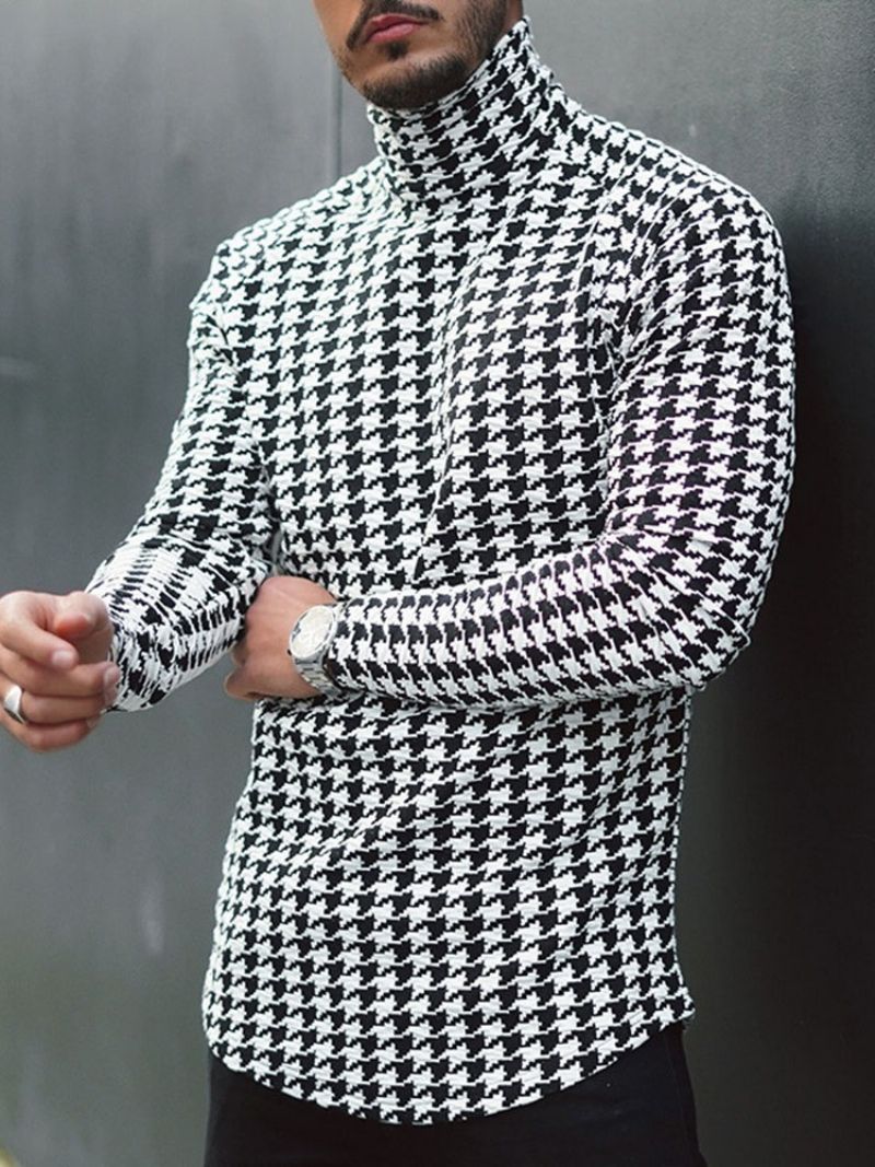 T-Shirt Houndstooth Casual Turtleneck Slim Μακρυμάνικο Μπλουζάκι