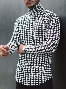 T-Shirt Houndstooth Casual Turtleneck Slim Μακρυμάνικο Μπλουζάκι