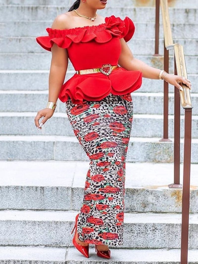 Φόρεμα African Fashion Off Shoulder Bodycon Με Βολάν Μέχρι Τον Αστράγαλο (Χωρίς Ζώνη)