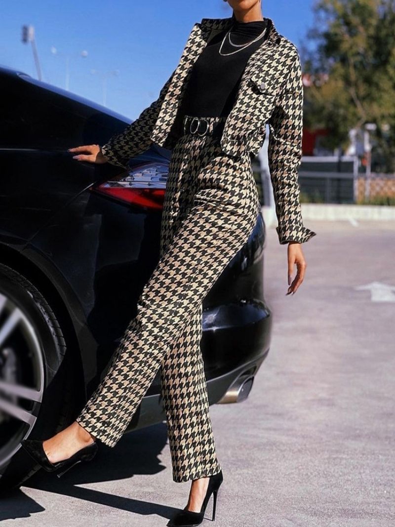 Fashion Houndstooth Pocket Ίσιο Πέτο Σετ Δύο Τεμαχίων