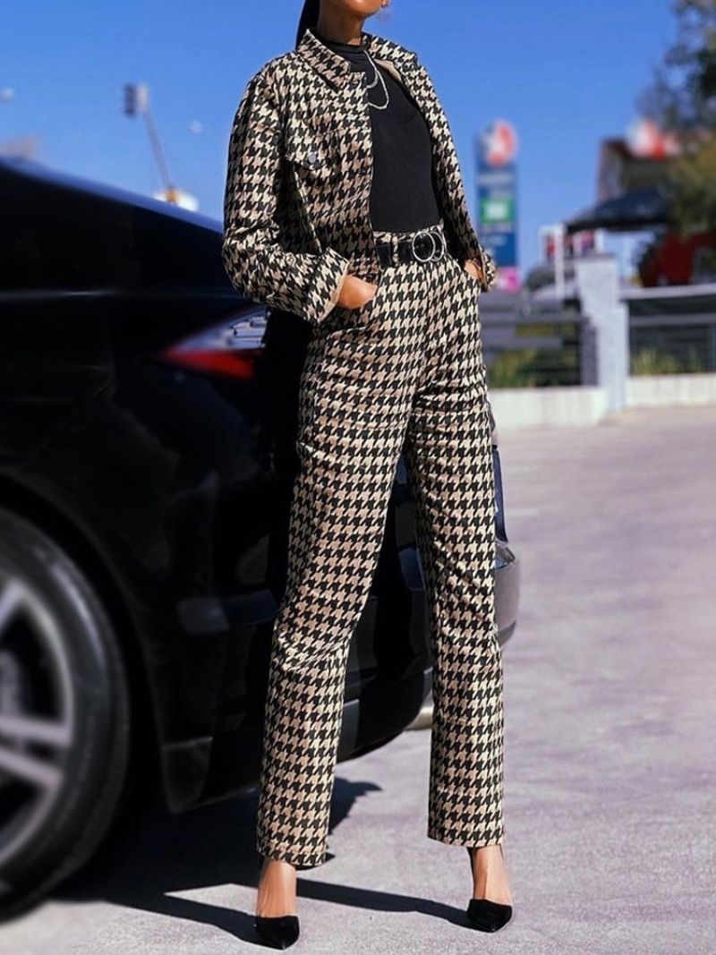 Fashion Houndstooth Pocket Ίσιο Πέτο Σετ Δύο Τεμαχίων