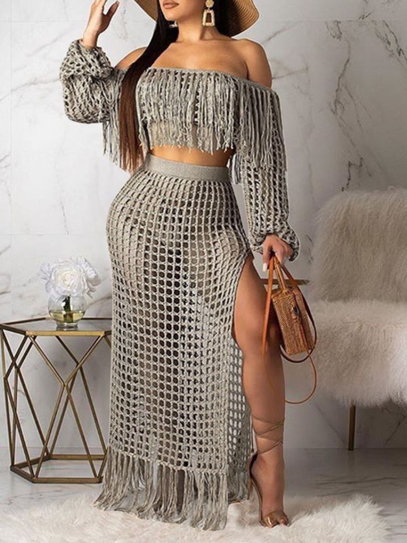 Fashion Plain Tassel Off Shoulder Γυναικείο Bodycon Σετ Δύο Τεμαχίων