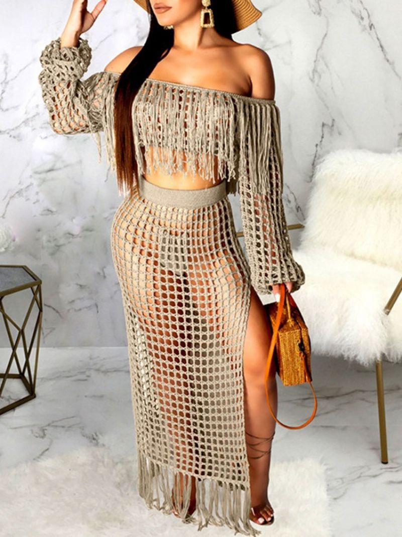 Fashion Plain Tassel Off Shoulder Γυναικείο Bodycon Σετ Δύο Τεμαχίων