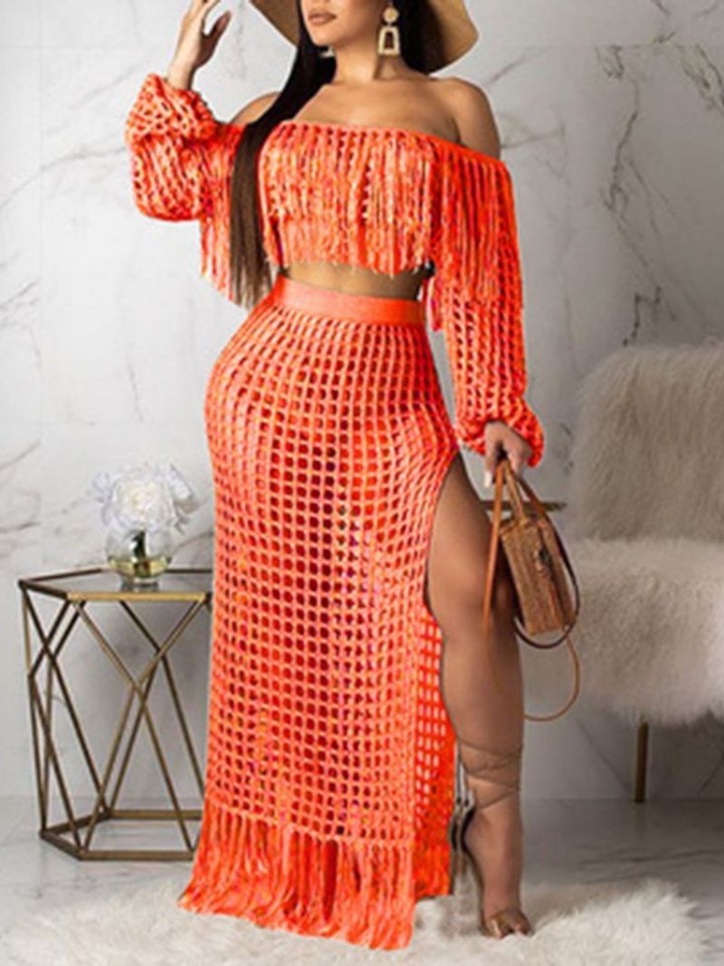 Fashion Plain Tassel Off Shoulder Γυναικείο Bodycon Σετ Δύο Τεμαχίων