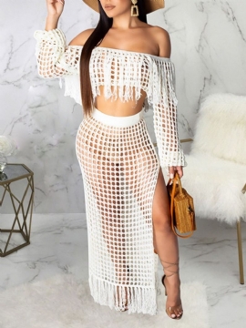 Fashion Plain Tassel Off Shoulder Γυναικείο Bodycon Σετ Δύο Τεμαχίων