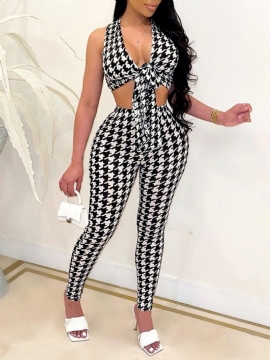 Houndstooth Fashion Vest Pencil Pants Two Piece Sets Σετ Γυναικείο Παντελόνι