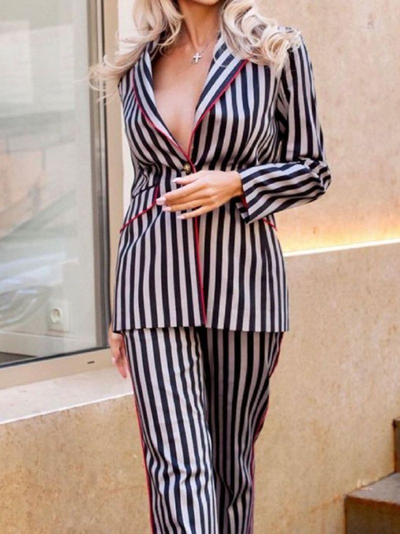 Stripe Fashion Πουκάμισο Straight Two Piece Sets Σετ Γυναικείο Παντελόνι