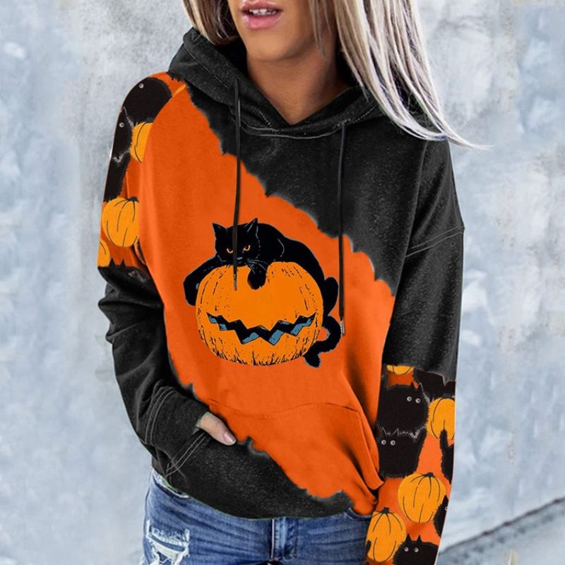 Halloween Μπλοκ χρώματος Raglan Μανίκι Στάμπα Με Κουκούλα Μακρυμάνικο Κουκούλα