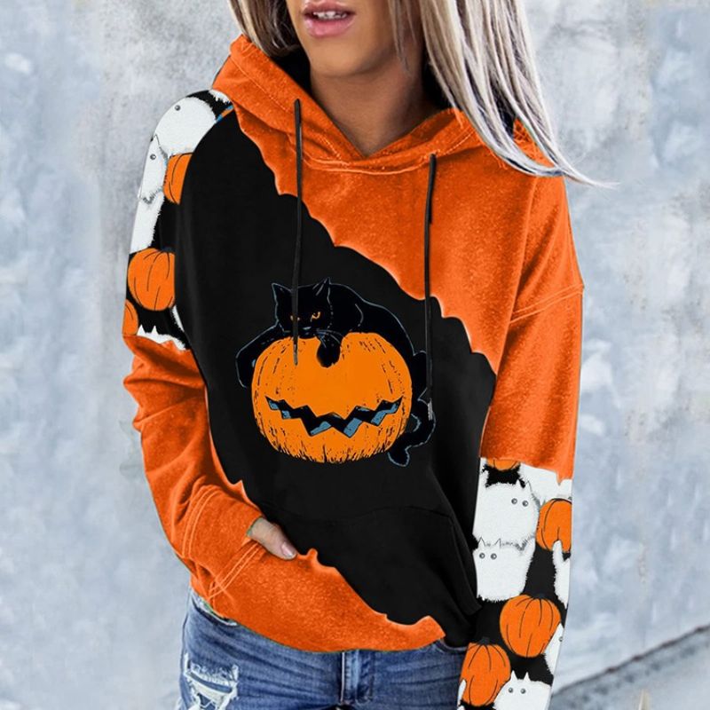 Halloween Μπλοκ χρώματος Raglan Μανίκι Στάμπα Με Κουκούλα Μακρυμάνικο Κουκούλα