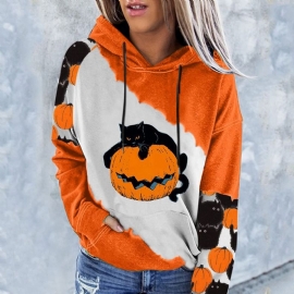 Halloween Μπλοκ χρώματος Raglan Μανίκι Στάμπα Με Κουκούλα Μακρυμάνικο Κουκούλα