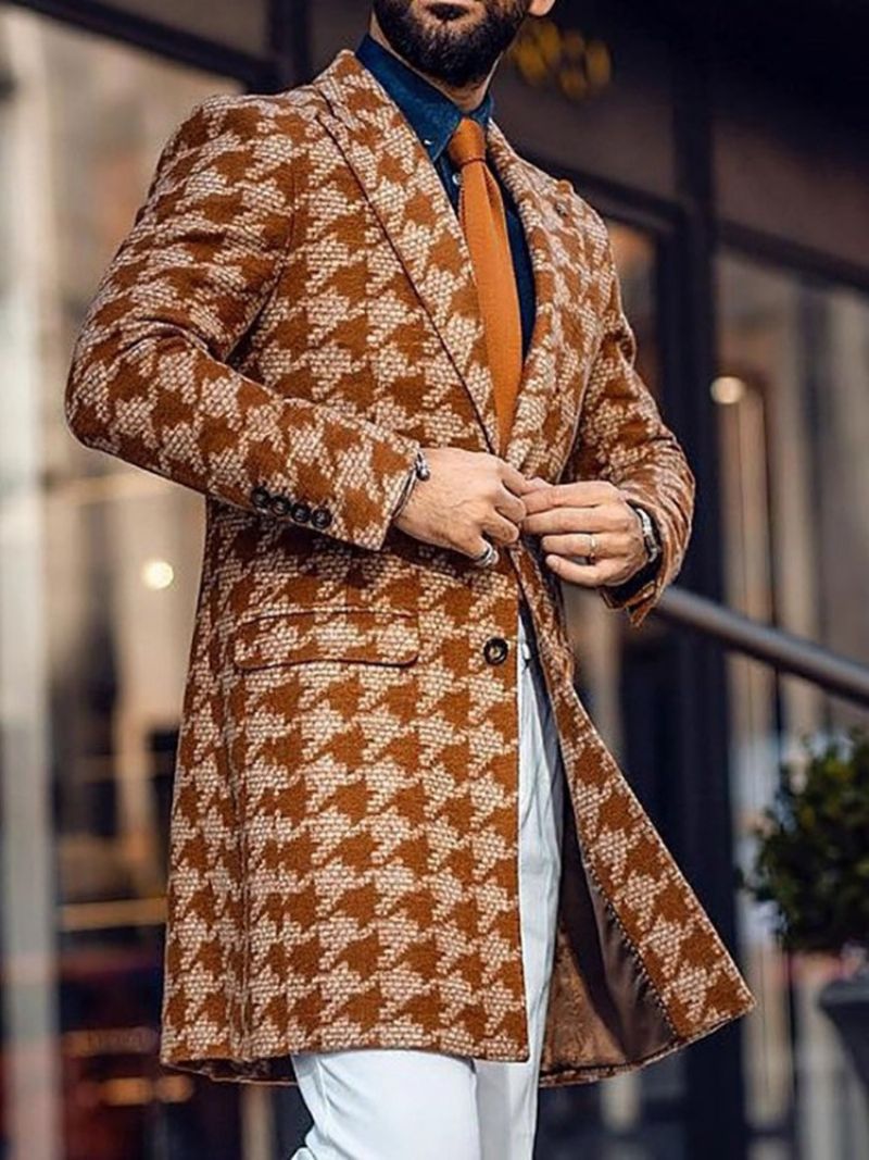 Ανδρικό Παλτό Μεσαίου Μήκους Houndstooth Με Διπλό Στήθος