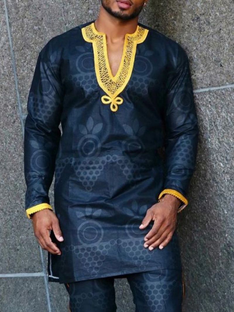 African Dashiki Patchwork Μπλοκ χρώματος Ethnic Slim Φθινοπωρινό Πουκάμισο