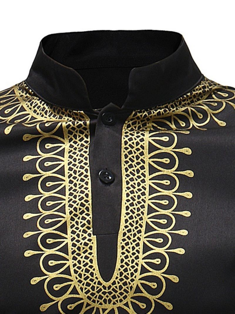 Αφρικανική Μόδα Golden Black Dashiki Ανδρικά Πουκάμισα Με Στάμπα Γιακά