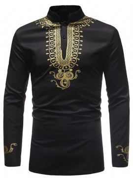 Αφρικανική Μόδα Golden Black Dashiki Ανδρικά Πουκάμισα Με Στάμπα Γιακά