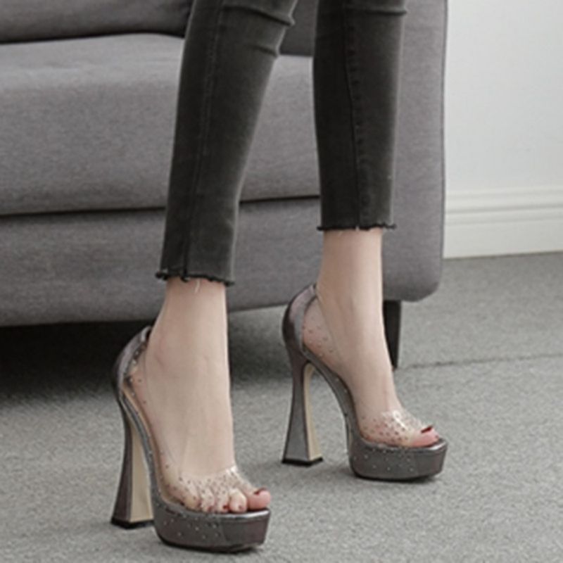 Rhinestone Peep Toe Χονδρό Τακούνι Casual Pumps