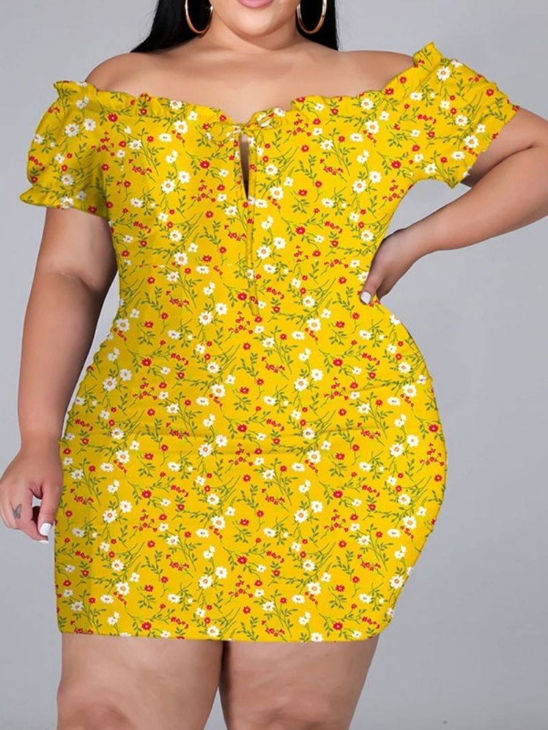 Κοντό Μανίκι Πάνω Από Το Γόνατο Bodycon Πουλόβερ Floral Bodycon Φόρεμα Μεγάλο Μέγεθος