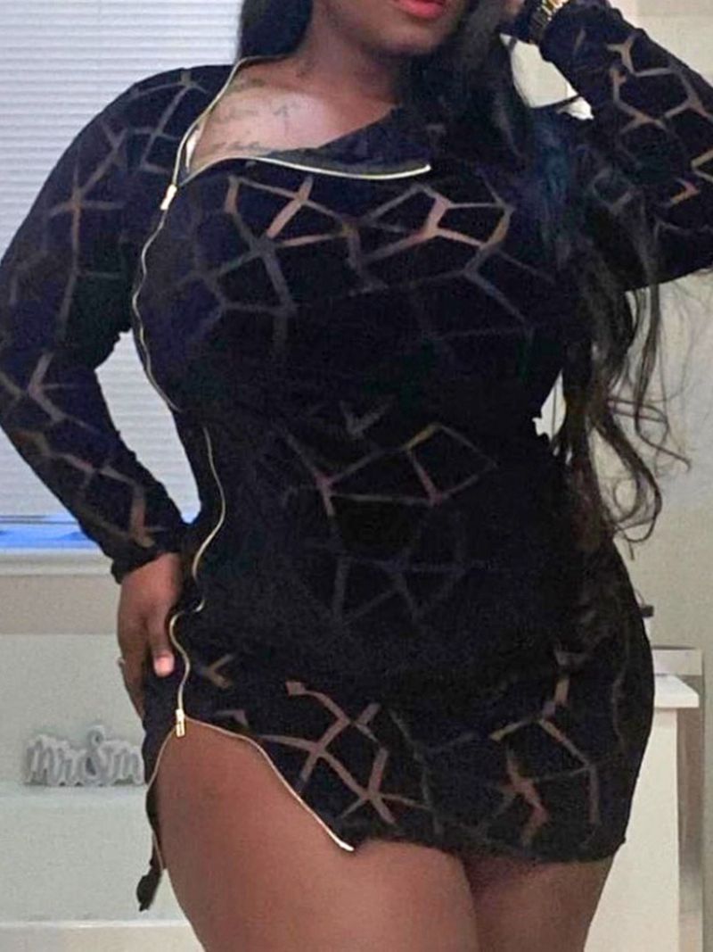 Μακρυμάνικο Φερμουάρ Πάνω Από Το Γόνατο Sexy Bodycon Φόρεμα Μεγάλο Μέγεθος