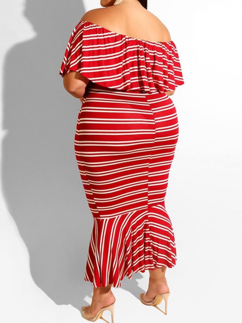 Off Shoulder Patchwork Mid-Calf Fashion Stripe Mermaid Bodycon Φόρεμα