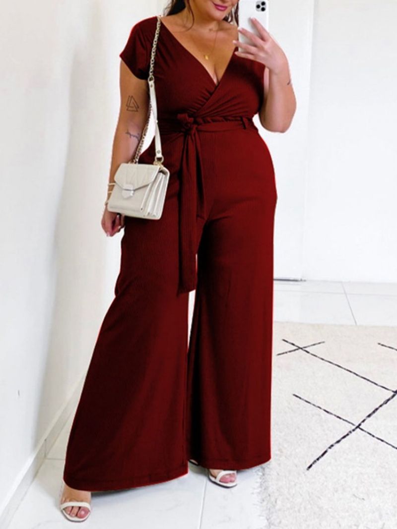 Ολόσωμη Μονόχρωμη Φόρμα Γραφείου Lady Wide Legs Slim Jumpsuit Μεγάλο Μέγεθος