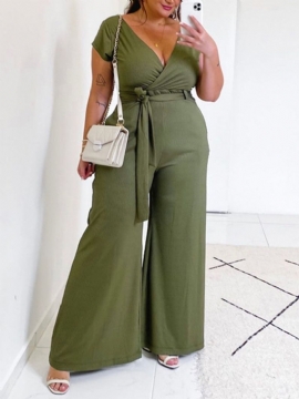 Ολόσωμη Μονόχρωμη Φόρμα Γραφείου Lady Wide Legs Slim Jumpsuit Μεγάλο Μέγεθος