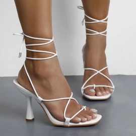 Λευκά Σανδάλια Με Τακούνι Stiletto Lace-Up Square Toe