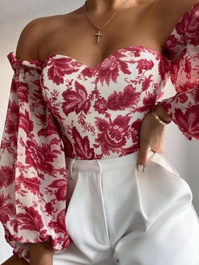 Φανάρι Off Shoulder Γυναικεία Κοντή Μπλούζα Floral Μακρυμάνικη