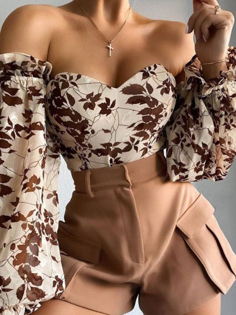 Φανάρι Off Shoulder Γυναικεία Κοντή Μπλούζα Floral Μακρυμάνικη