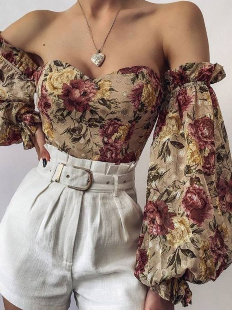 Φανάρι Off Shoulder Γυναικεία Κοντή Μπλούζα Floral Μακρυμάνικη