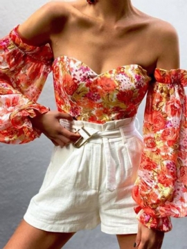 Φανάρι Off Shoulder Γυναικεία Κοντή Μπλούζα Floral Μακρυμάνικη