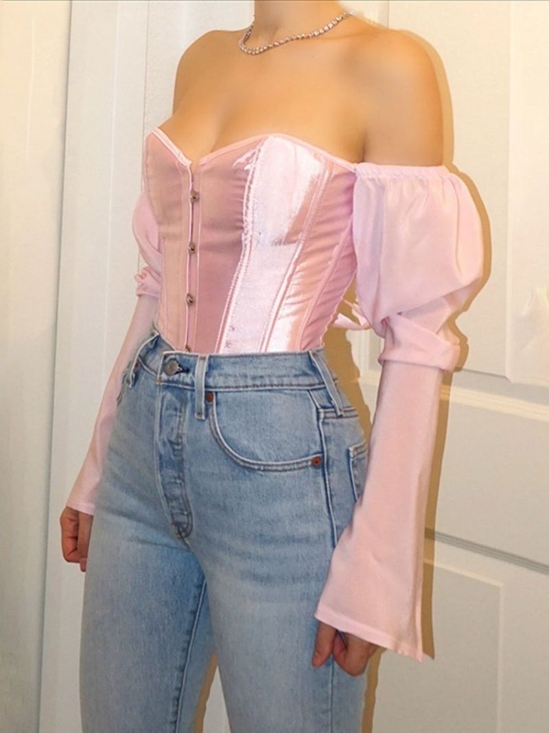 Μακρυμάνικη Κανονική Γυναικεία Μπλούζα Off Shoulder Patchwork