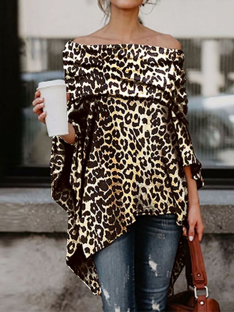 Off Shoulder Asymmetric Leopard Slim Μπλούζα