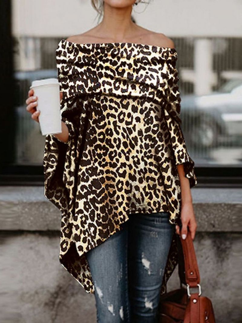 Off Shoulder Asymmetric Leopard Slim Μπλούζα