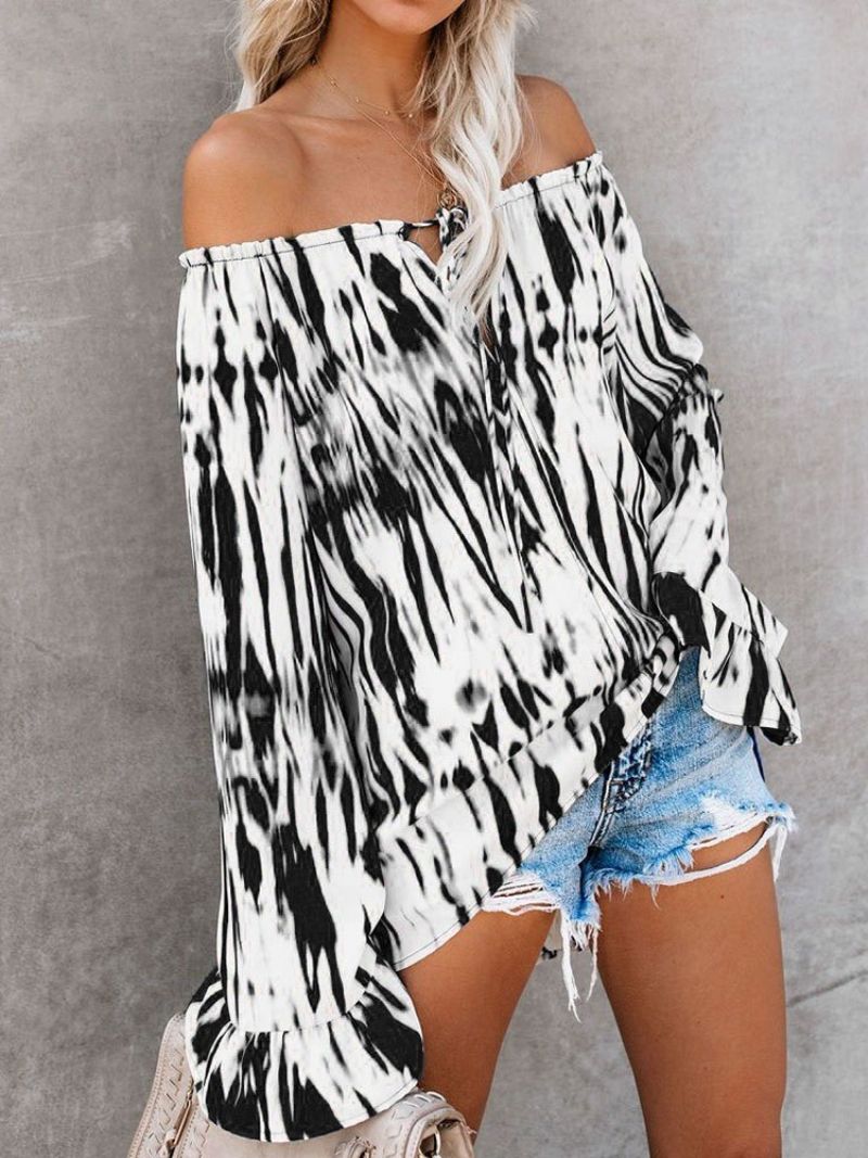 Off Shoulder Flare Sleeve Μπλοκ χρώματος Μπλούζα